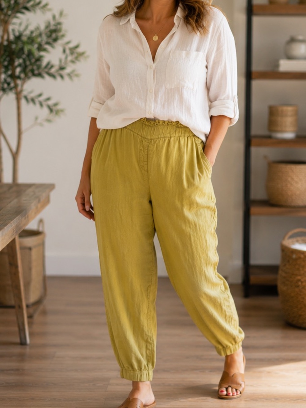 Addition Elle Mustard Yellow Linen Blend Pull On Pants Size 20 Womens